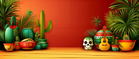 A colorful background with a guitar and skull on it. The background is red and has a tropical feel