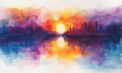 Wall Mural - Watercolor abstract twilight reflections on white.