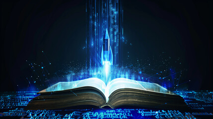 A book is open to a page with a rocket on it. The rocket is flying through the sky, leaving a trail of blue light behind it. Concept of wonder and excitement