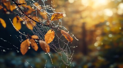 A mesmerizing close-up photo of dew drops delicately clinging to a spider web on a crisp autumn morning. The image captures the beauty and detail of nature during the fall season. Photography Stock.