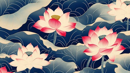 Sticker - Pink and White Lotus Flowers with Detailed Leaves on Blue Background