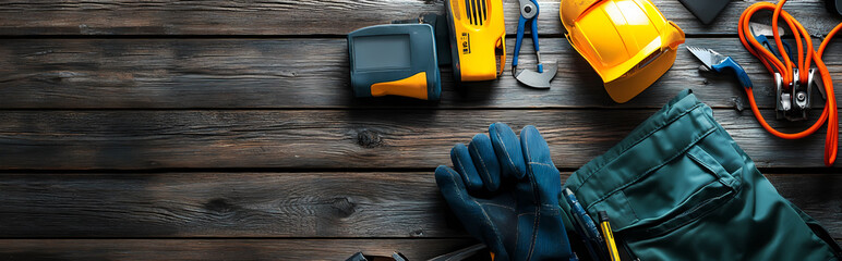 Wall Mural - Electrician work uniform items on a wooden background design top view 004 Labor Day and the importance of workers design.