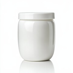 Wall Mural - a blank, white yogurt container with a smooth lid, isolated on a white background with soft reflecti