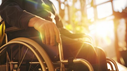 Poster - A man in a wheelchair bathed in sunlight indoors, surrounded by plants. Symbolizes peace, independence, and a harmonious lifestyle.