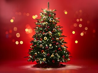 A charming Christmas tree with shimmering ornaments and bright bokeh lights, on a vivid red background. Room for holiday wishes.