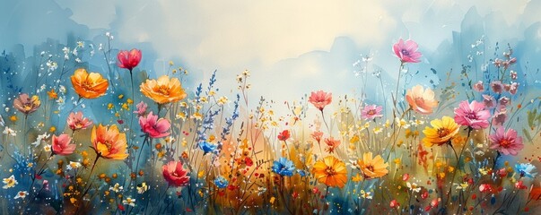 Canvas Print - Watercolor abstract spring meadow with wildflowers.