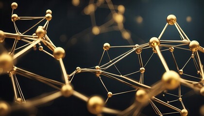 A gold colored image of a complex network of lines and spheres