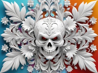 Wall Mural - a skull with flowers and leaves on it,Festive Dia De Muertos Skull on empty background, White skull with an ornate design of orange and blue flowers, combining a classic skull with vibrant floral elem