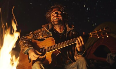 A man with a joyful smile, playing acoustic guitar and singing folk songs around a campfire with friends under a starry night sky against a plain white background. 4K hyperrealistic photo.