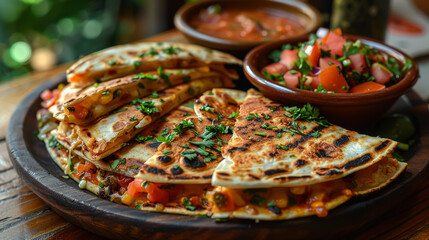 A plate of food with a variety of ingredients including cheese, tomatoes, and herbs. The plate is on a wooden table and is surrounded by bowls and other food items