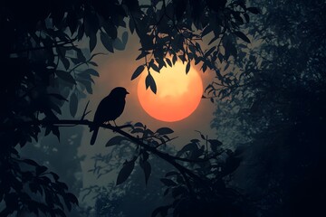 Wall Mural - Silhouette of a Bird on a Branch Against a Sunset