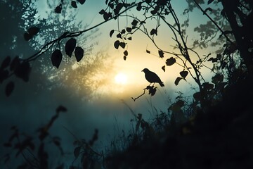 Wall Mural - silhouette of Solitary Bird at Sunrise