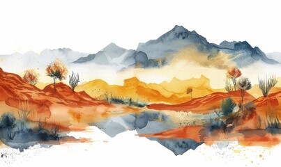 Wall Mural - Abstract desert oasis in watercolor on a white background.