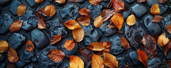 Wall Mural - Autumn leaves on a cobblestone path