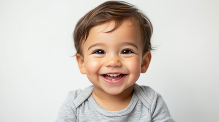 Portrait of Happy Hispanic toddler boy, sitting joyfully ,isolated on a pure white background