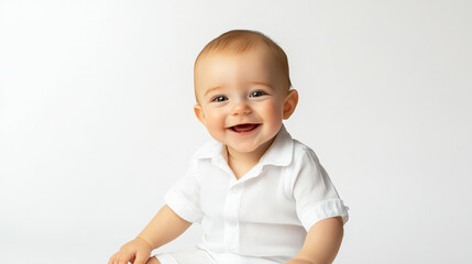 Portrait of Caucasian baby boy in white clothes, sitting and smiling ,isolated on a pure white background