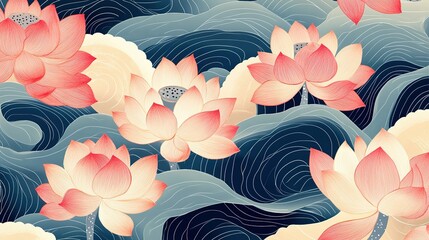 Wall Mural - Delicate Pink Lotus Flowers on Abstract Blue Water Pattern