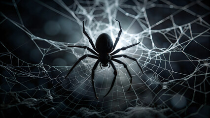 Creepy Spider on Intricate Web Silhouette Isolated on Black Background Panorama - Ominous Halloween Theme Nighttime Mood