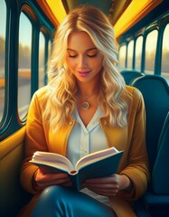 Wall Mural - woman relaxing and reading a book on the train