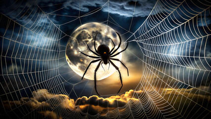 Creepy Spider on Intricate Web Silhouette Isolated on Black Background Panorama - Ominous Halloween Theme Nighttime Mood