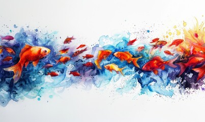 A painting of a school of fish swimming in a blue and white background