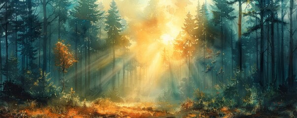 Canvas Print - Watercolor abstract forest glade with sunlight streaming through.