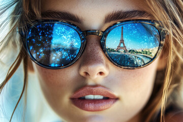 A close-up of a young womans face, stylishly wearing sunglasses.