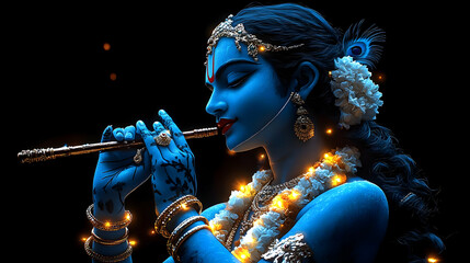 A blue-skinned figure playing a flute, adorned with jewelry and flowers, exuding divine grace.