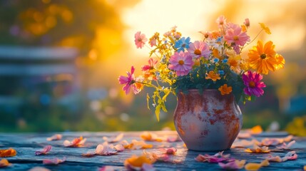 A beautiful arrangement of colorful flowers in a rustic vase. The soft sunlight creates a warm atmosphere. Perfect for nature lovers and decoration ideas. Explore the beauty of blooms. AI