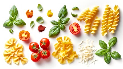 Delicious assortment of fresh ingredients for pasta dish. Bright tomatoes, fragrant basil, and colorful pasta shapes create a vibrant culinary scene. Perfect for food lovers. AI