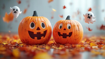 A pumpkin with a scary face is surrounded by orange leaves. The pumpkin is the main focus of the image, and the leaves are scattered around it, creating a sense of autumn and Halloween