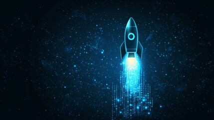 a futuristic rocket launches through a starry cosmos, illuminated by glowing particles and digital w