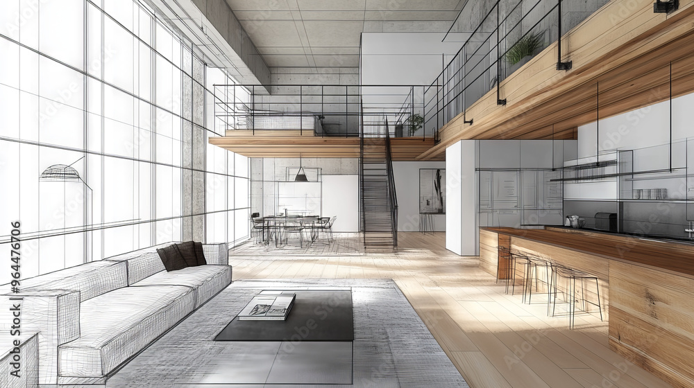Lofting In Drawing A modern loft apartment is shown in a 3D drawing. The image uses a ...