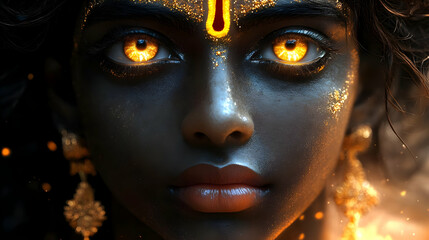 A close-up of a person with glowing eyes and ornate jewelry, exuding mystical energy.