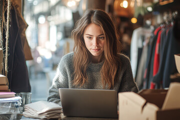 Wall Mural - A woman is sitting at a table with a laptop in front of her