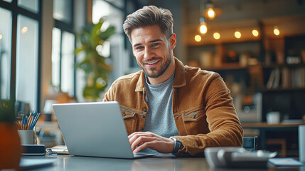 Poster - A man is sitting at a desk with a laptop in front of him