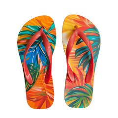 Colorful tropical print flip-flops with red straps, perfect for summer vacations, beach outings, and casual wear.