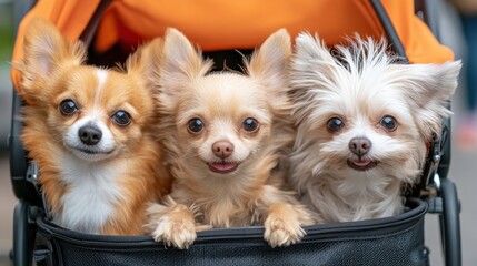 Poster - Three small dogs are sitting in a stroller looking out, AI