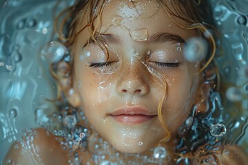 Young child submerged in water with closed eyes, creating serene moment amidst bubbles, showcasing relaxation and tranquility