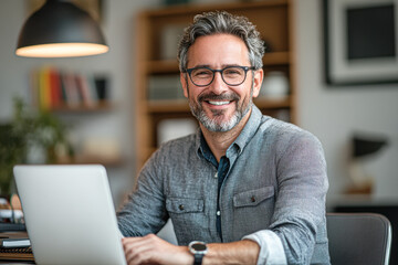 A man is sitting at a desk with a laptop in front of him