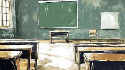 A cartoon drawing of an empty classroom.  The room has a desk, chair, and a blackboard. The background is blurry, making the classroom the main focus.