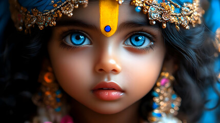 A close-up portrait of a child with striking blue eyes and ornate accessories.