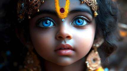 A close-up portrait of a child with striking blue eyes and ornate jewelry, evoking cultural themes.