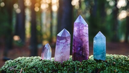 excellent minerals towers close up in forest, mysterious natural background. fluorite quartz gemstones for Magic healing Crystal Ritual, Witchcraft. spiritual esoteric practice for soul, mind relax.