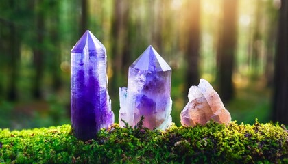 Poster - excellent minerals towers close up in forest, mysterious natural background. fluorite quartz gemstones for Magic healing Crystal Ritual, Witchcraft. spiritual esoteric practice for soul, mind relax.