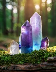 Wall Mural - excellent minerals towers close up in forest, mysterious natural background. fluorite quartz gemstones for Magic healing Crystal Ritual, Witchcraft. spiritual esoteric practice for soul, mind relax.