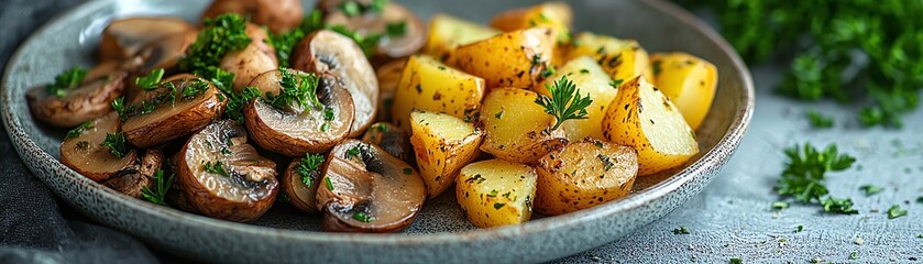 Delicious roasted potato and sauteed mushroom dish garnished with fresh herbs on a stylish plate.