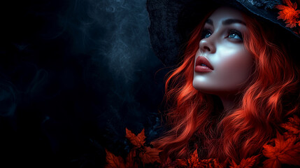 Wall Mural - A woman with red hair and a black hat is looking at the camera. The image has a dark and mysterious mood, with the woman's red hair and the black hat adding to the eerie atmosphere