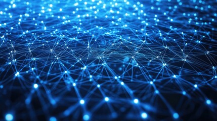 Poster - A mesh of blue and white digital lines connecting various nodes, illustrating a networked world and internet connectivity.