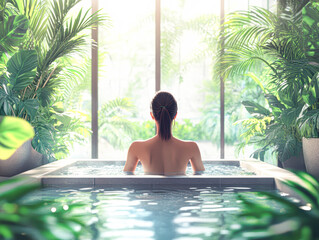 A woman is sitting in a hot tub surrounded by plants